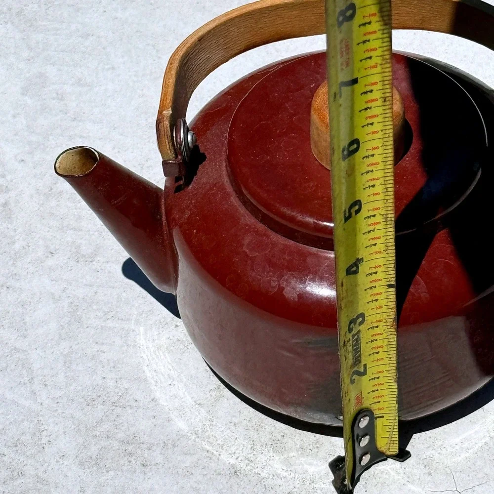 Vintage MCM Teapot Kettle Wood Handle Brown‎ Enamel Scandinavian Japanese Style